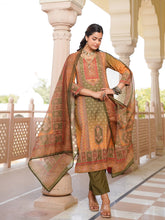 Women Olive Rayon Blend Ethnic Motifs Printed Straight Kurta Trouser With Dupatta-SKSKD3058